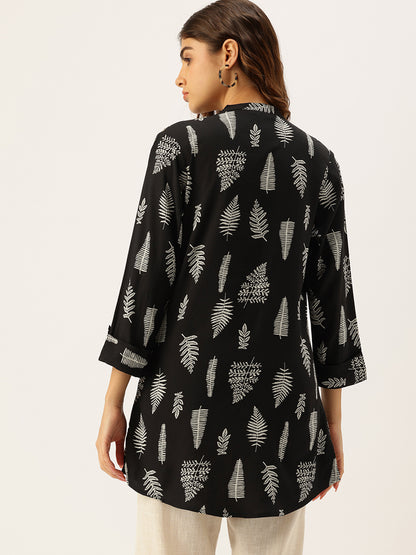 Black Tree Printed Mandarin Collar Tunic