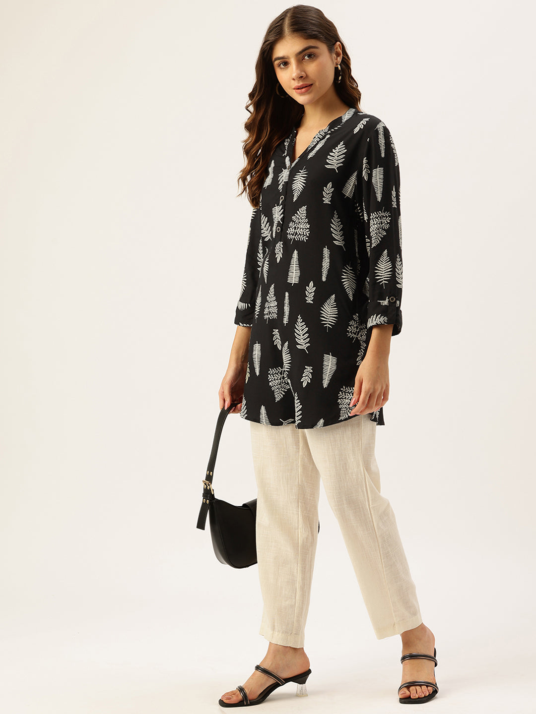 Black Tree Printed Mandarin Collar Tunic