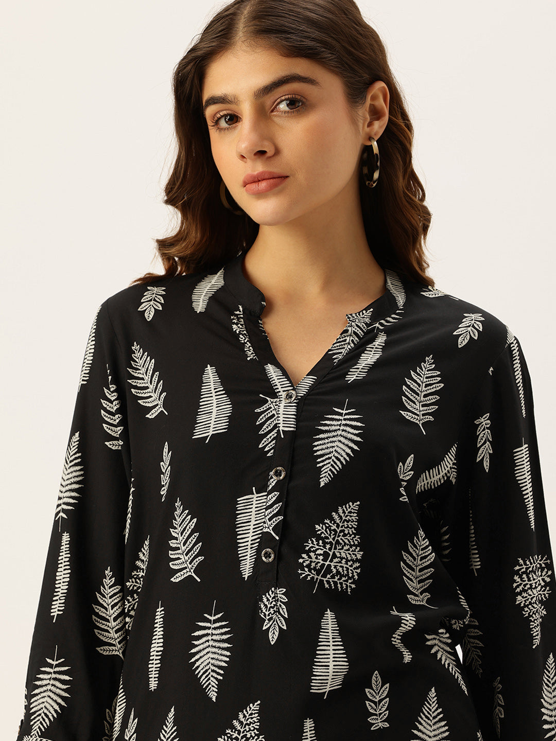Black Tree Printed Mandarin Collar Tunic