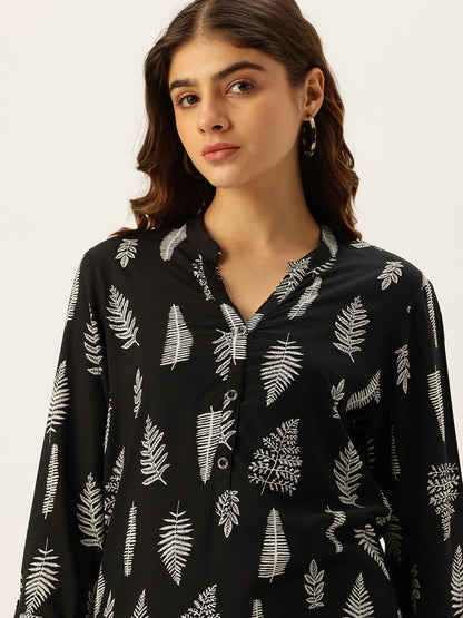 Black Tree Printed Mandarin Collar Tunic