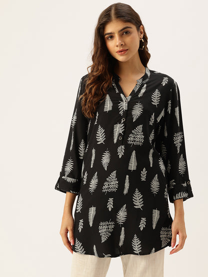 Black Tree Printed Mandarin Collar Tunic