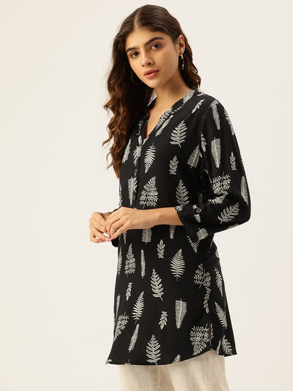 Black Tree Printed Mandarin Collar Tunic