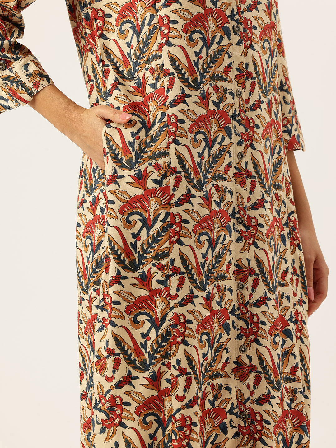Beige Floral Printed A-Line Kurta