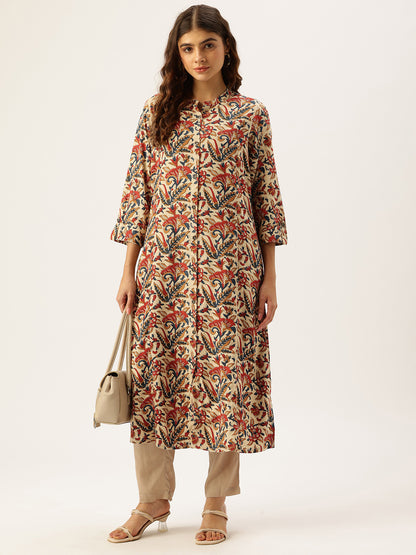 Beige Floral Printed A-Line Kurta