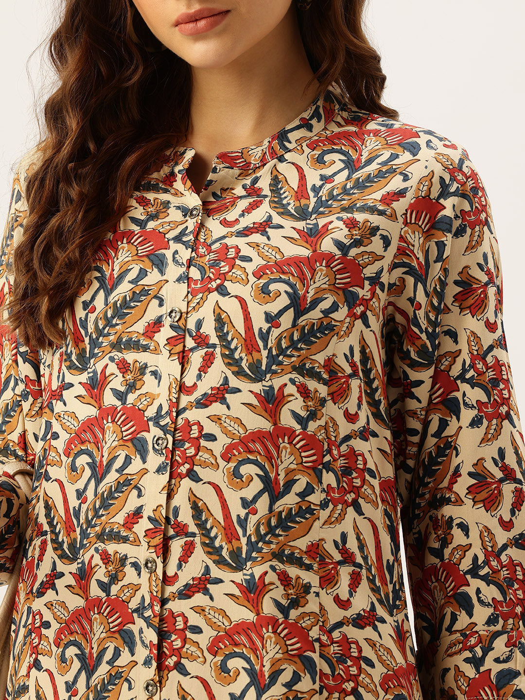 Beige Floral Printed A-Line Kurta