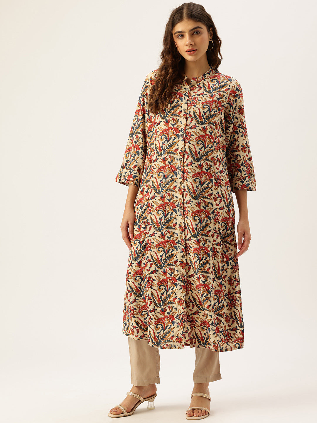 Beige Floral Printed A-Line Kurta