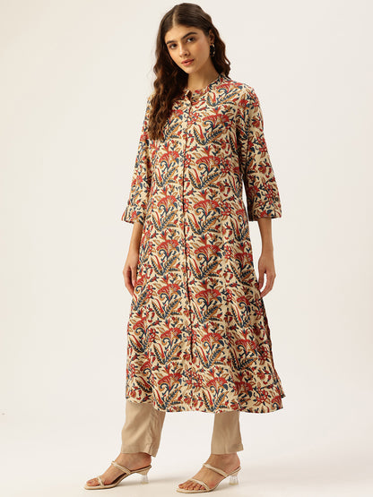 Beige Floral Printed A-Line Kurta