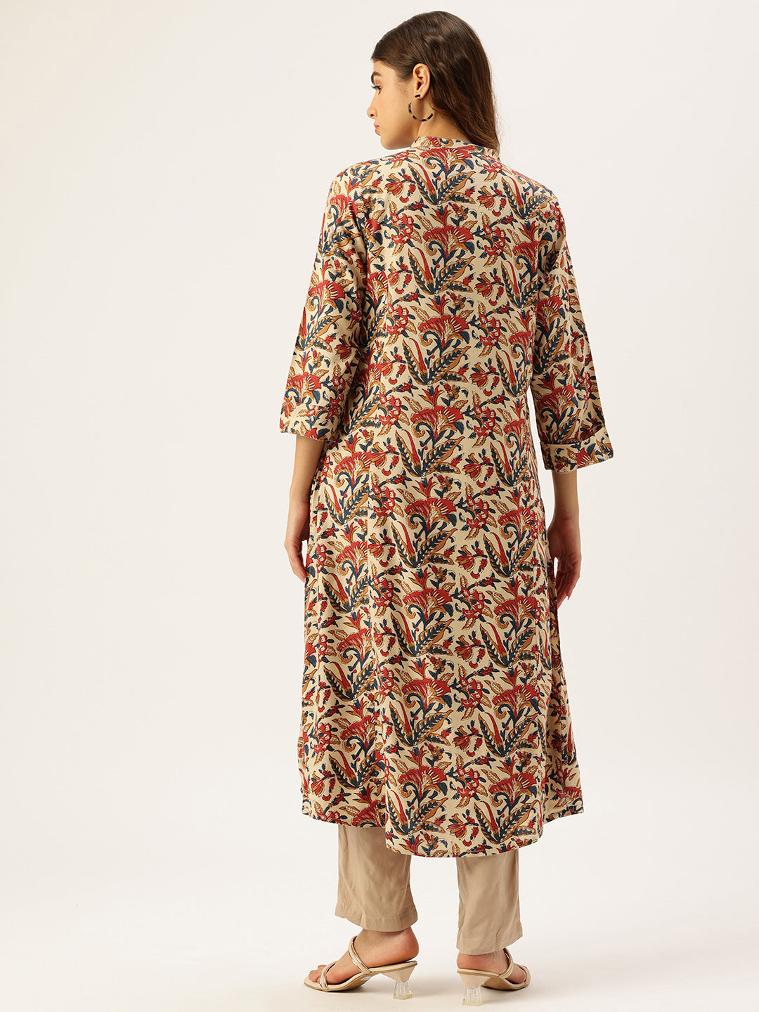 Beige Floral Printed A-Line Kurta