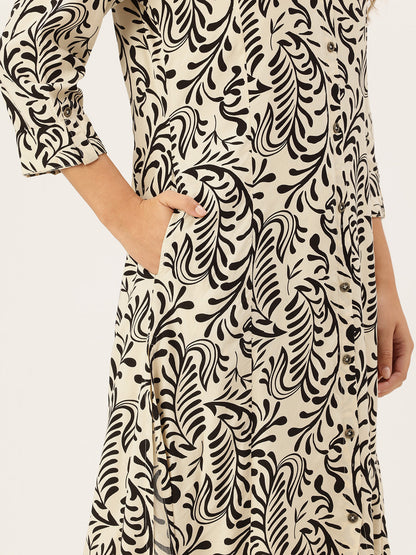 Off White Printed A-Line Kurta