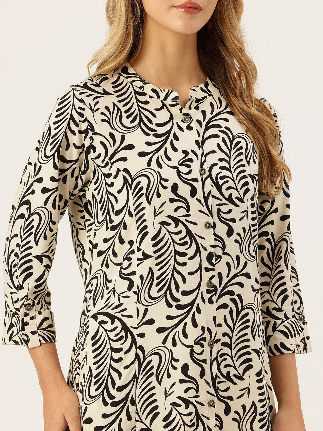 Off White Printed A-Line Kurta