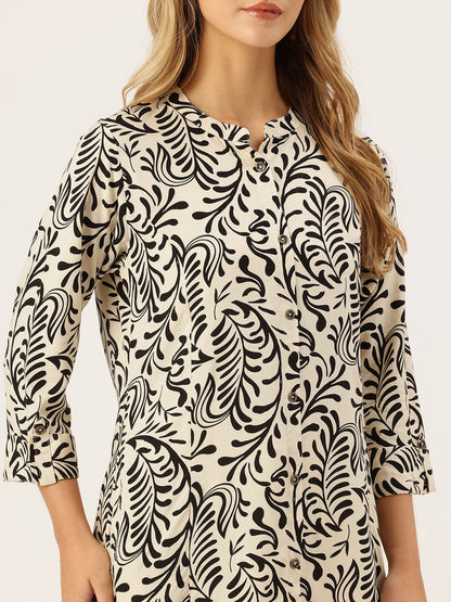 Off White Printed A-Line Kurta