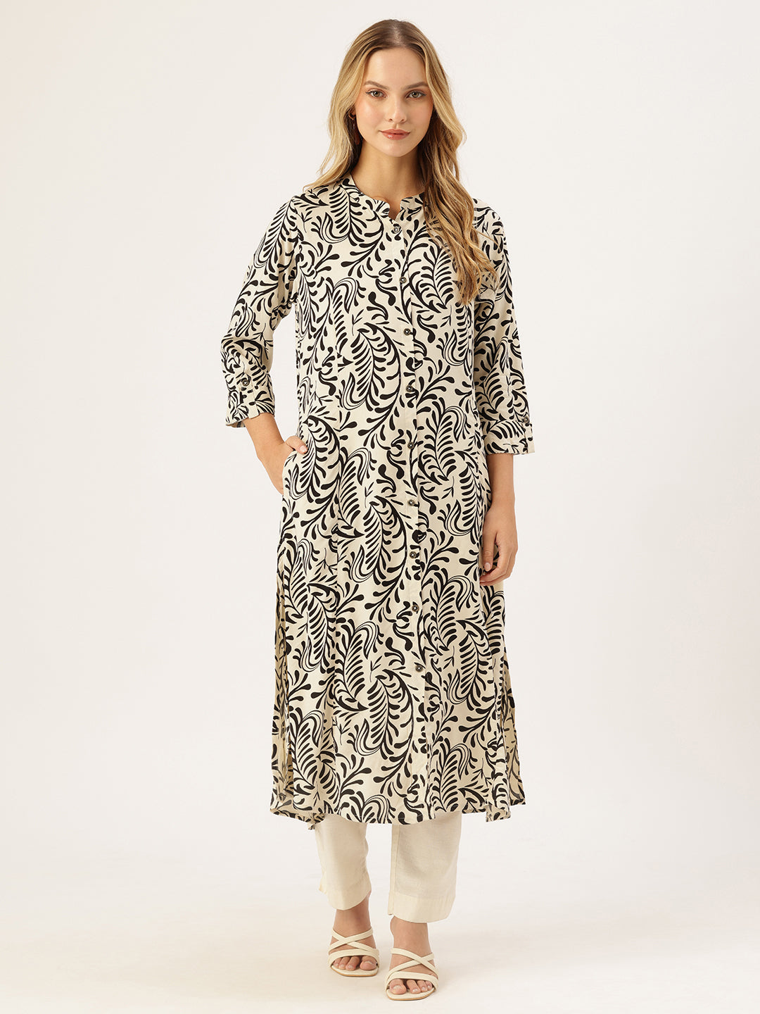 Off White Printed A-Line Kurta