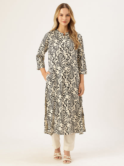 Off White Printed A-Line Kurta