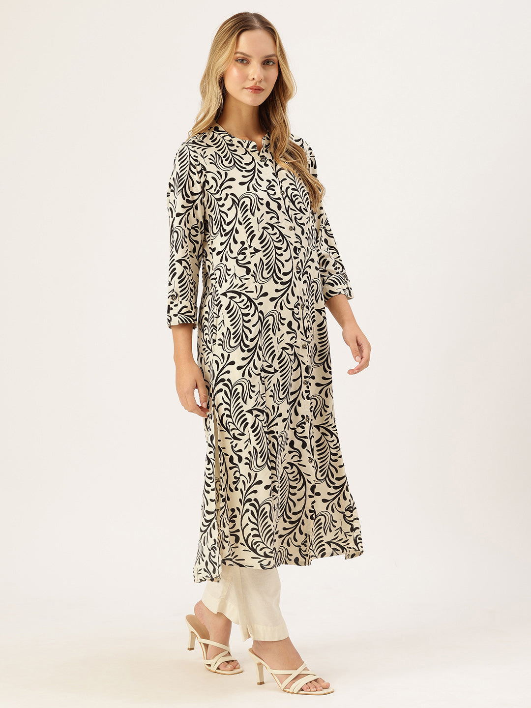 Off White Printed A-Line Kurta