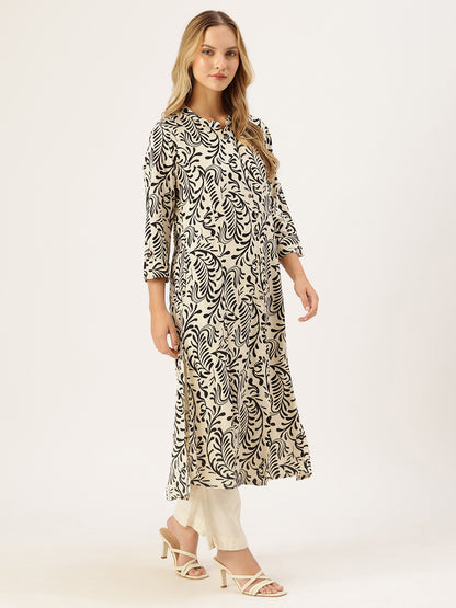 Off White Printed A-Line Kurta