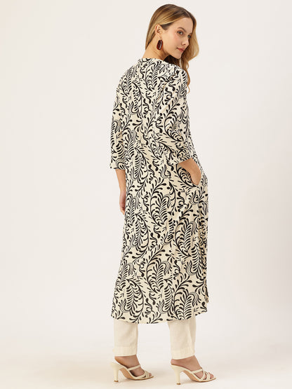 Off White Printed A-Line Kurta