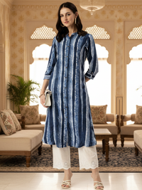 Blue Striped Mandarin Collar Kurta