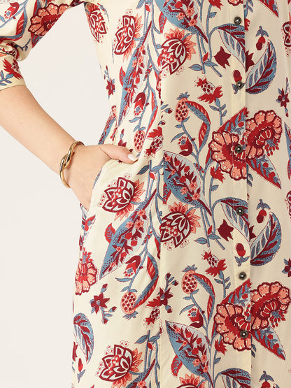 White Floral Printed Kurta, Floral Print, Collar Neck 