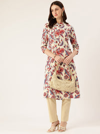 White Floral Printed Kurta, Floral Print, Collar Neck 