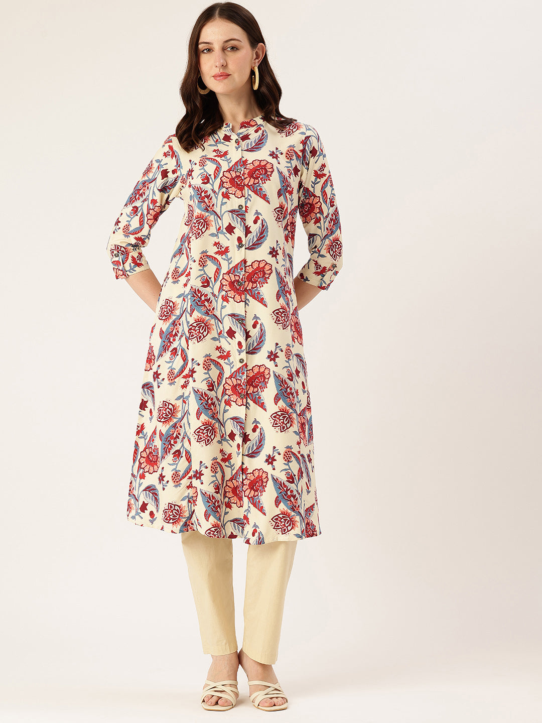 White Floral Printed Kurta, Floral Print, Collar Neck 