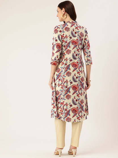White Floral Printed Kurta, Floral Print, Collar Neck 