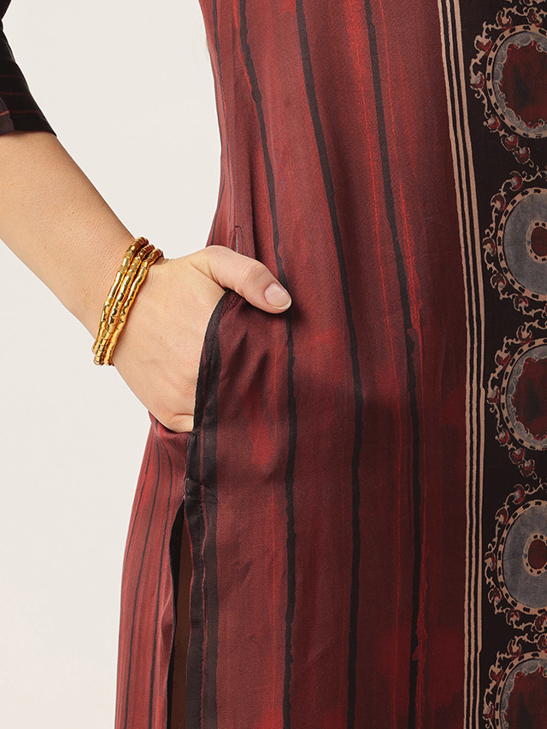 Maroon Round Neck Printed Kurta