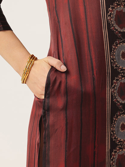 Maroon Round Neck Printed Kurta
