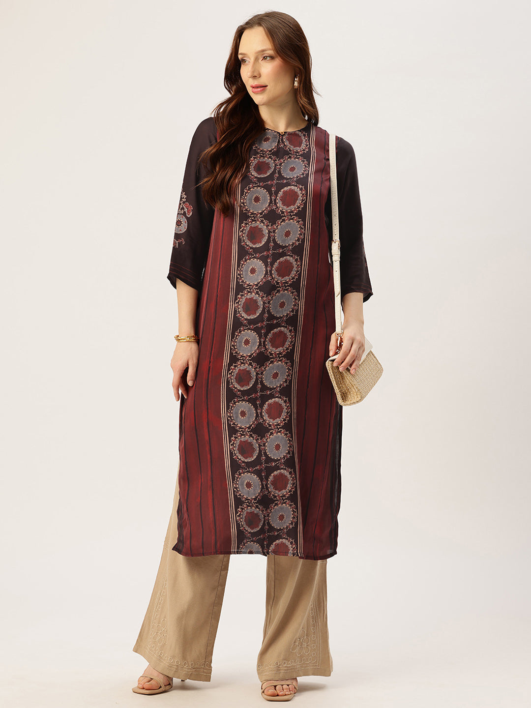 Maroon Round Neck Printed Kurta