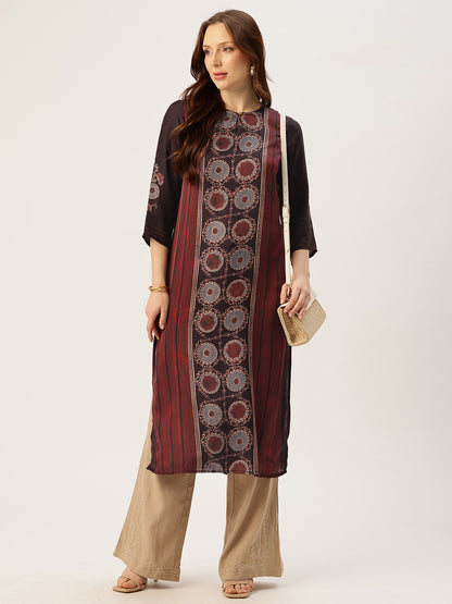 Maroon Round Neck Printed Kurta