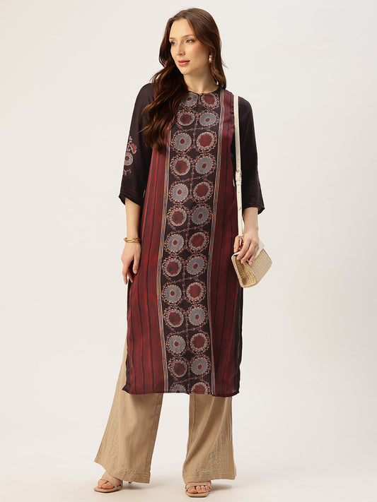 Maroon Round Neck Printed Kurta
