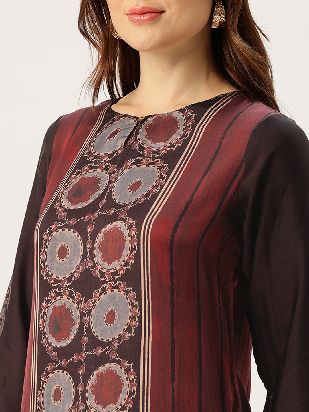 Maroon Round Neck Printed Kurta