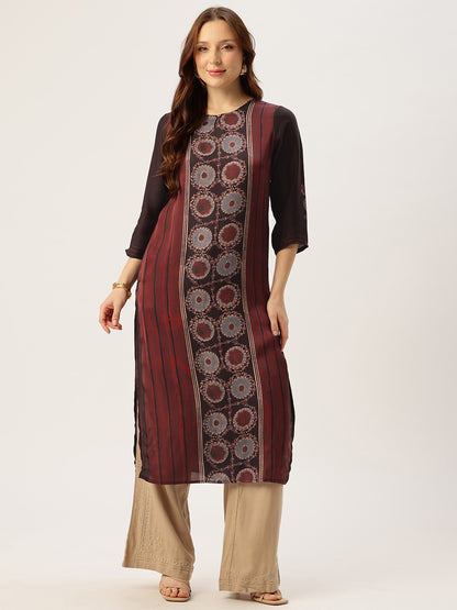 Maroon Round Neck Printed Kurta