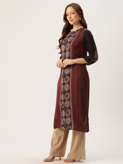 Maroon Round Neck Printed Kurta