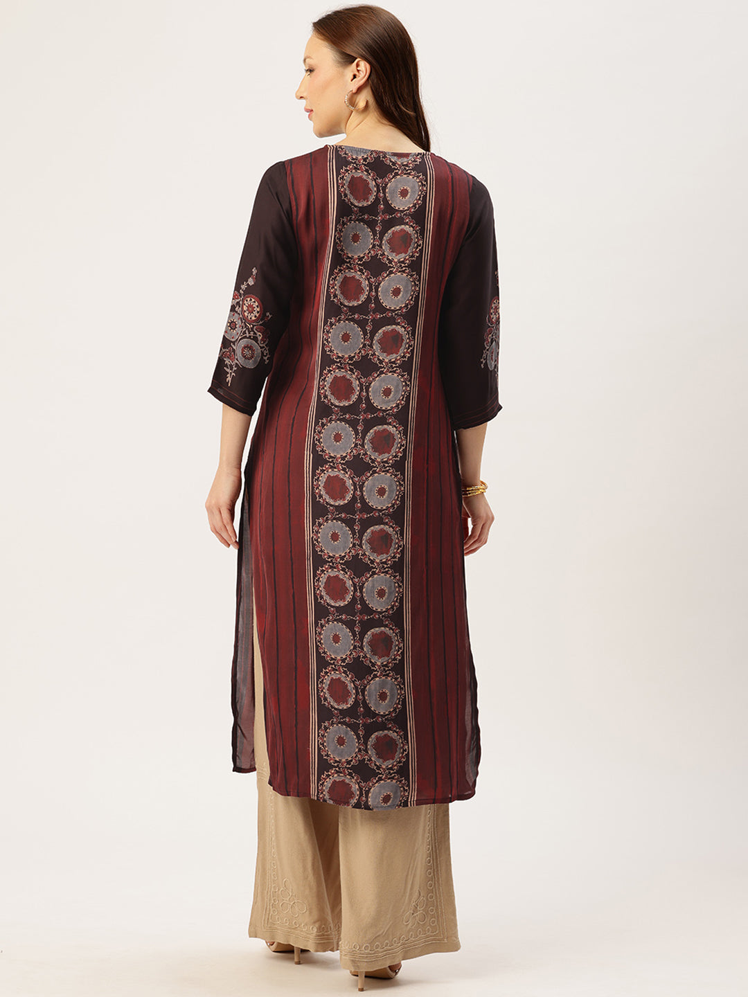 Maroon Round Neck Printed Kurta