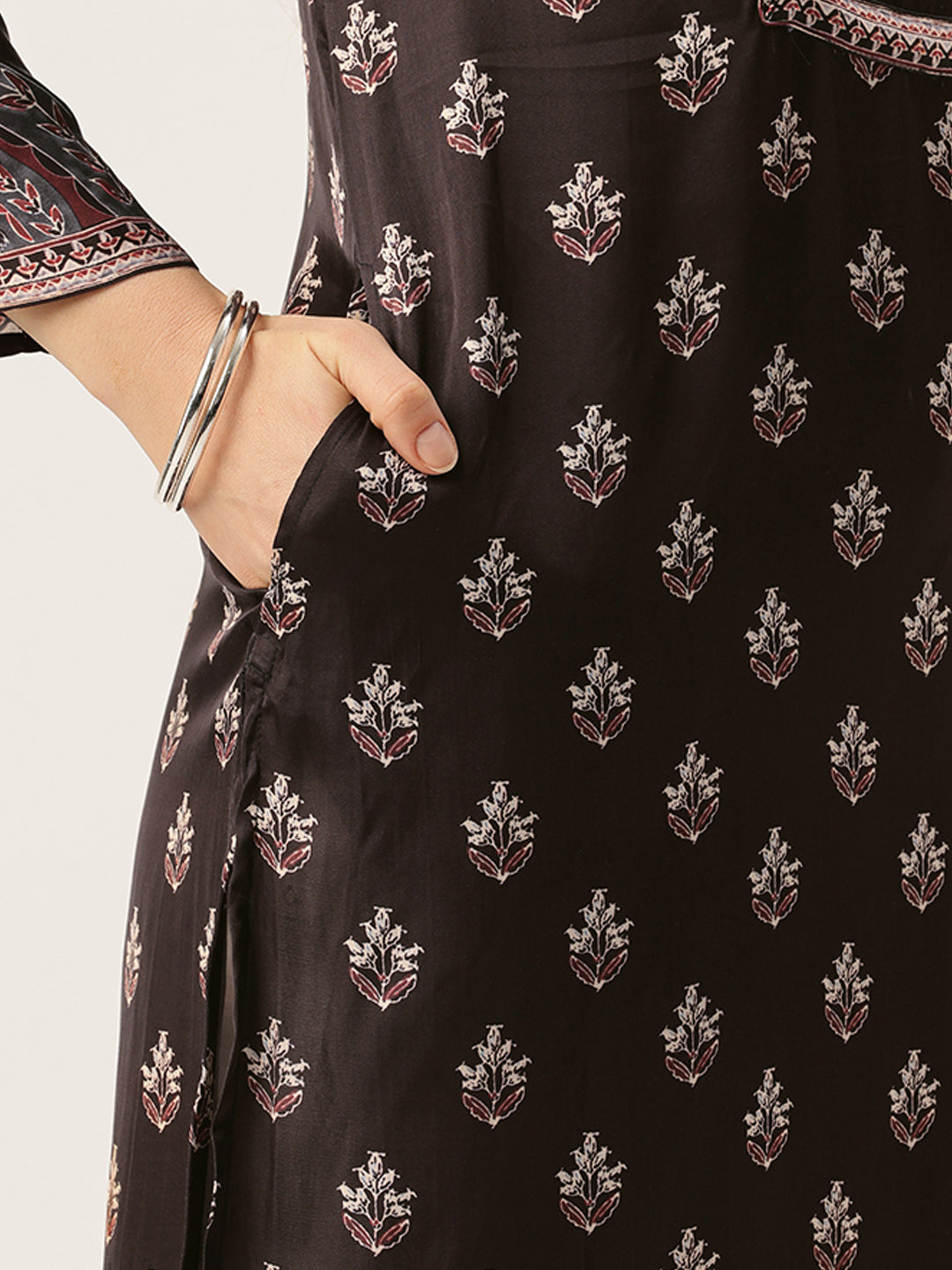 Black Round Neck Printed Kurta