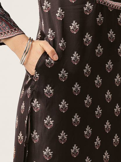 Black Round Neck Printed Kurta