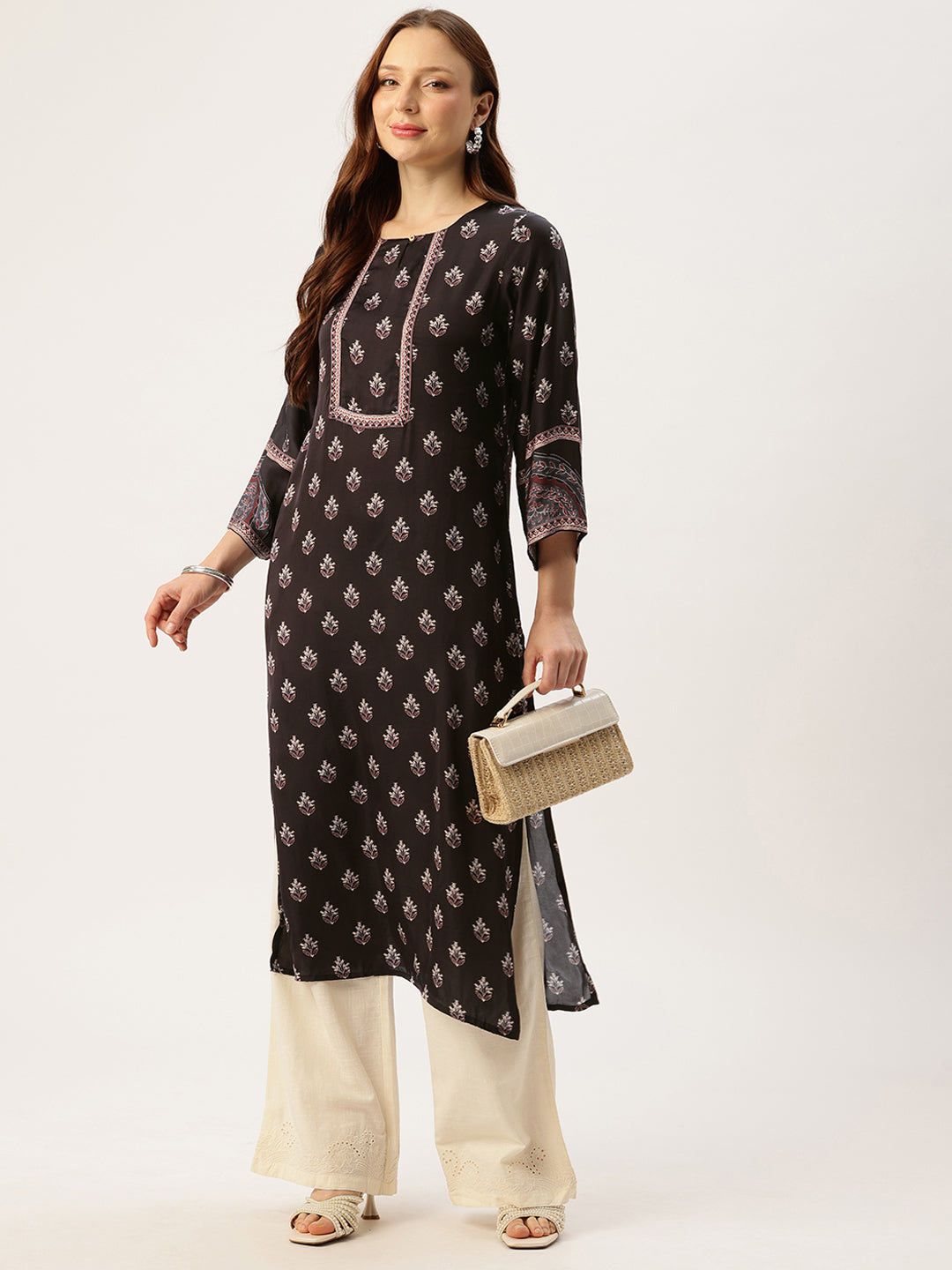 Black Round Neck Printed Kurta
