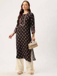 Black Round Neck Printed Kurta