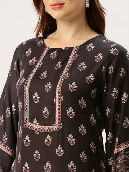 Black Round Neck Printed Kurta