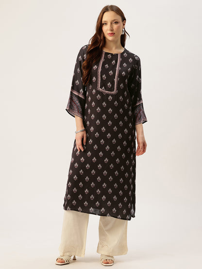 Black Round Neck Printed Kurta