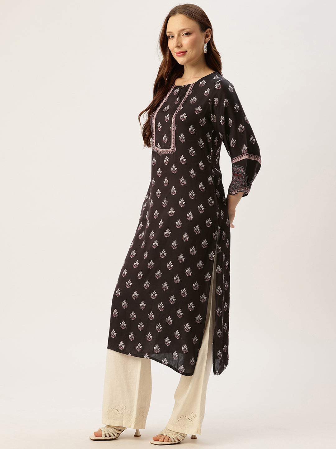 Black Round Neck Printed Kurta