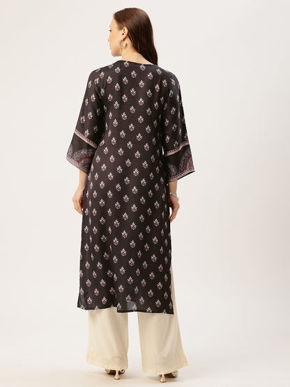Black Round Neck Printed Kurta