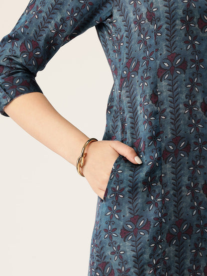 Blue Striped Mandarin Collar A-Line Kurta