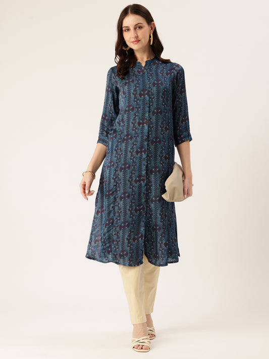 Blue Striped Mandarin Collar A-Line Kurta