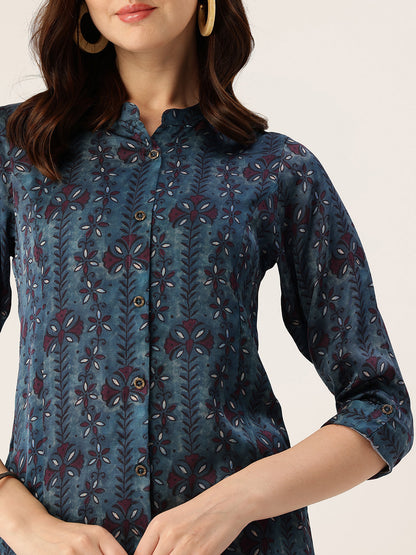 Blue Striped Mandarin Collar A-Line Kurta