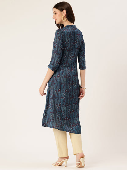 Blue Striped Mandarin Collar A-Line Kurta
