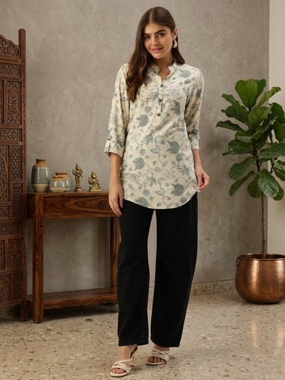 Cream Floral Printed Mandarin Collar Tunic