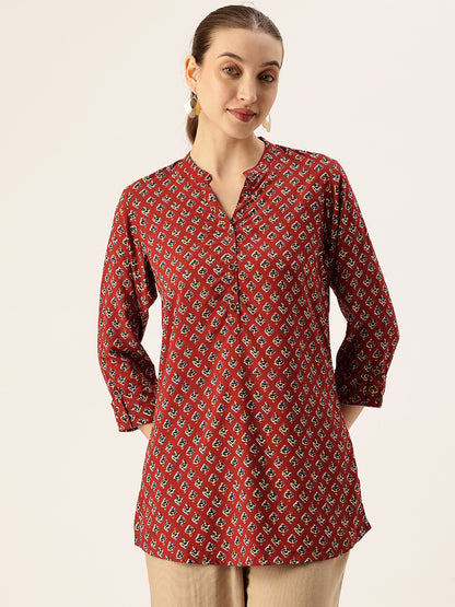 Red Butti Printed Mandarin Collar Tunic