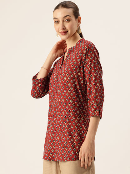 Red Butti Printed Mandarin Collar Tunic