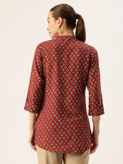 Red Butti Printed Mandarin Collar Tunic